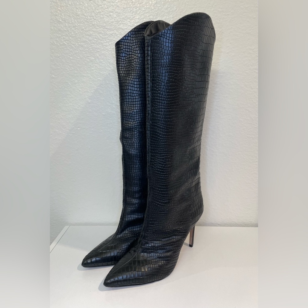 SCHUTZ Maryana Wide Croc Black Textured Heels Boots Size 8.5 - Picture 2 of 9